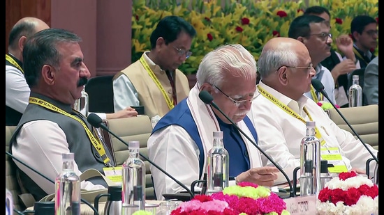 Himachal Pradesh CM Sukhvinder Singh Sukhu and Haryana CM Manohar Lal Khattar during the Niti Aayog meeting in New Delhi on Saturday. (ANI)