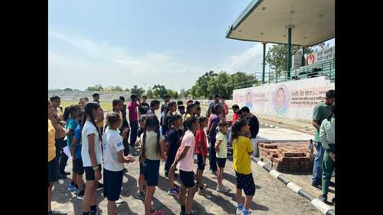 Players waiting in queue for trials in Barnala. (HT Photo)