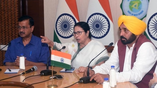 West Bengal CM Mamata Banerjee, Delhi CM Arvind Kejriwal and Punjab CM Bhagwant Mann on Tuesday. (ANI) (HT_PRINT)