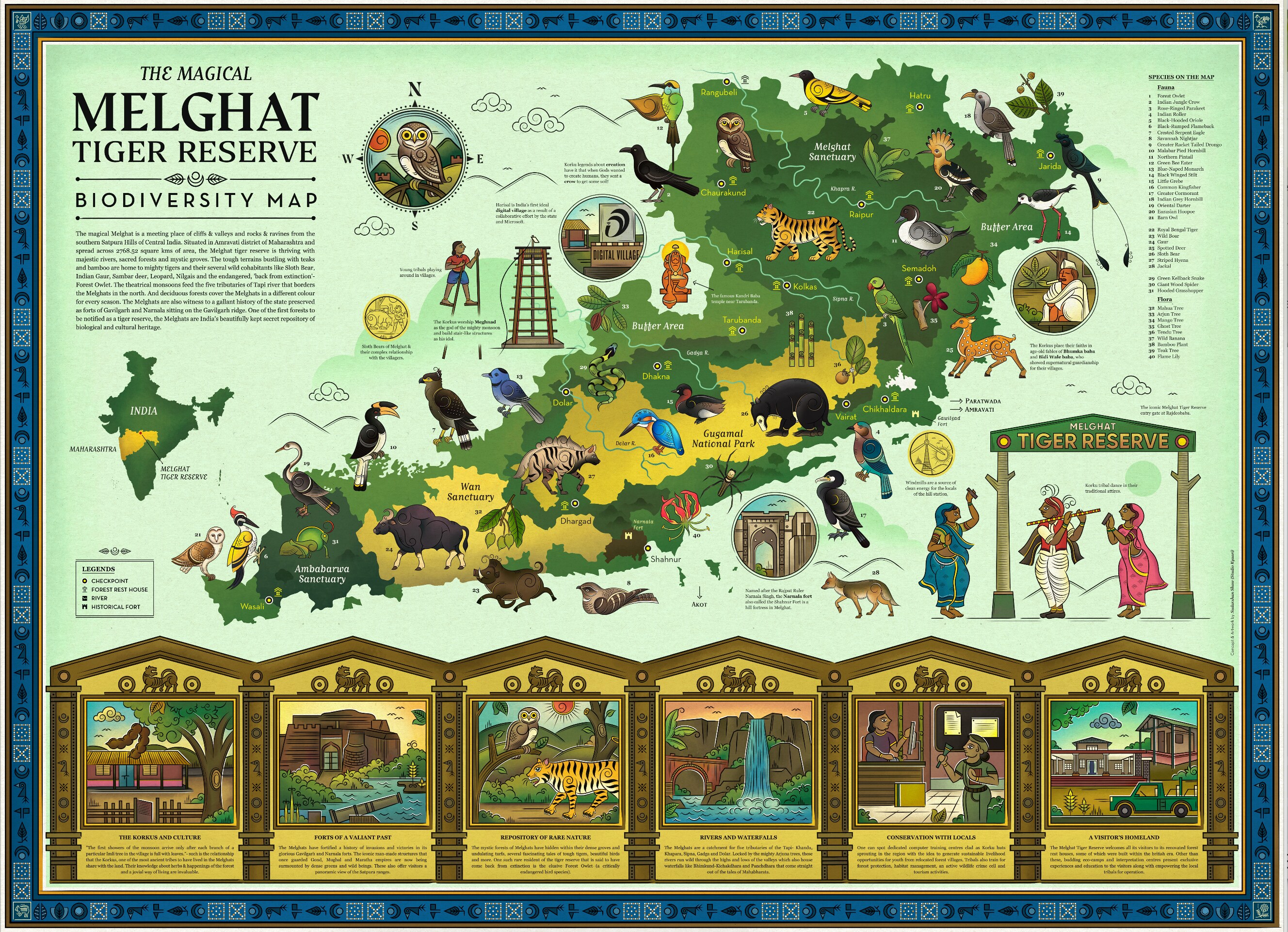 Sudarshan Shaw’s illustrated map of the Melghat Tiger Reserve.
