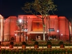 A view of the illuminated new Parliament building 