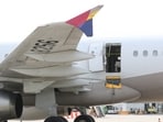 Asiana Airlines' Airbus A321 plane, of which a passenger opened a door on a flight shortly before the aircraft landed, is pictured at an airport in Daegu, South Korea. 