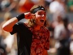 Greece's Stefanos Tsitsipas celebrates winning his first round match against Czech Republic's Jiri Vesely 