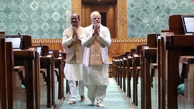 Prime Minister Narendra Modi with Lok Sabha Speaker Om Birla arrives for the inauguration of the new Parliament building in New Delhi on Sunday. (ANI) Prime Minister Narendra Modi with Lok Sabha Speaker Om Birla arrives for the inauguration of the new Parliament building in New Delhi on Sunday. (ANI)