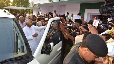 Chief minister Nitish Kumar arrives at JD-U office in Patna on Sunday. (Santosh Kumar/HT Photo) Chief minister Nitish Kumar arrives at JD-U office in Patna on Sunday. (Santosh Kumar/HT Photo)