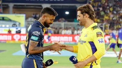 CSK skipper MS Dhoni and GT skipper Hardik Pandya from their first IPL match at Narendra Modi Stadium CSK skipper MS Dhoni and GT skipper Hardik Pandya from their first IPL match at Narendra Modi Stadium