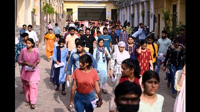 Candidates coming out of an exam centre after taking the Civil Services prelims exam conducted by the Union Public Service Commission (UPSC) in Lucknow on Sunday. (Deepak Gupta/ht)