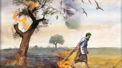Gurpreet, a young artist from Bathinda, has protested the ecological inferno arising from wheat stubble burning with an evocative painting. (HT Photo) Gurpreet, a young artist from Bathinda, has protested the ecological inferno arising from wheat stubble burning with an evocative painting. (HT Photo)
