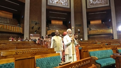Prime Minister Narendra Modi gesturing during the inauguration of the new parliament building in New Delhi. (AFP via PIB)