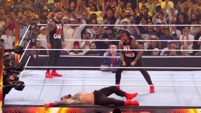 Jimmy Uso betrayed Roman Reigns, attacking him in the ring at WWE Night of Champions 2023 on Saturday night in Saudi Arabia. (Twitter) Jimmy Uso betrayed Roman Reigns, attacking him in the ring at WWE Night of Champions 2023 on Saturday night in Saudi Arabia. (Twitter)