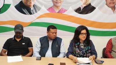 MPCC secretary Charles Marngar (centre) with office bearers addressed a press meeting on Saturday (Twitter/@bobbeeta_sharma) MPCC secretary Charles Marngar (centre) with office bearers addressed a press meeting on Saturday (Twitter/@bobbeeta_sharma)