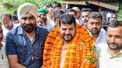 Wrestling Federation of India (WFI) chief Brij Bhushan Singh during an interaction with the media at his residence in Bishnoharpur (PTI) Wrestling Federation of India (WFI) chief Brij Bhushan Singh during an interaction with the media at his residence in Bishnoharpur (PTI)