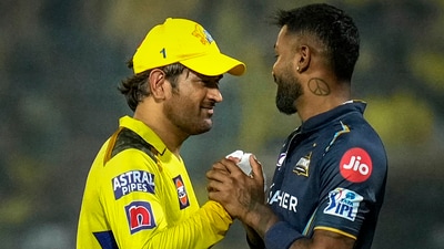 Gujarat Titans captain Hardik Pandya and Chennai Super Kings captain MS Dhoni greet each other (PTI) Gujarat Titans captain Hardik Pandya and Chennai Super Kings captain MS Dhoni greet each other (PTI)