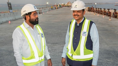Maharashtra Chief Minister Eknath Shinde and Deputy Chief Minister Devendra Fadnavis during their visit to the Mumbai Trans Harbour Link. (PTI) Maharashtra Chief Minister Eknath Shinde and Deputy Chief Minister Devendra Fadnavis during their visit to the Mumbai Trans Harbour Link. (PTI)