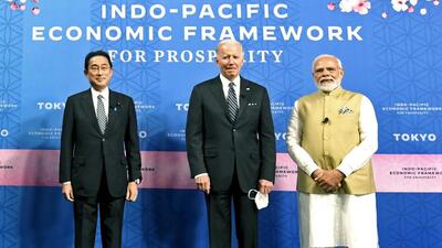 Prime Minister Narendra Modi, US President Joe Biden, and Japanese Prime Minister Fumio Kishida at the Indo-Pacific Economic Framework for Prosperity (IPEF) event, in Tokyo. (ANI) Prime Minister Narendra Modi, US President Joe Biden, and Japanese Prime Minister Fumio Kishida at the Indo-Pacific Economic Framework for Prosperity (IPEF) event, in Tokyo. (ANI)