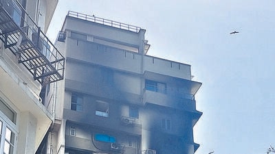 The fire broke out in two flats on the 12th floor of the 15-storeyed Breach Candy apartments on Bhulabhai Desai Road on Sunday. The fire broke out in two flats on the 12th floor of the 15-storeyed Breach Candy apartments on Bhulabhai Desai Road on Sunday.