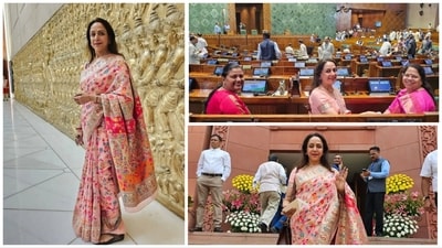 Hema Malini poses inside the new Parliament building. Hema Malini poses inside the new Parliament building.