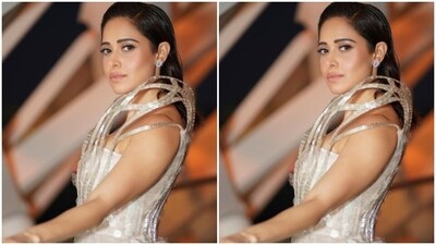 Nushrratt further accessorised her look for the day in statement diamond ear studs from the shelves of Ayanah Jewellery and transparent heels. (Instagram/@nushrrattbharuccha) Nushrratt further accessorised her look for the day in statement diamond ear studs from the shelves of Ayanah Jewellery and transparent heels. (Instagram/@nushrrattbharuccha)