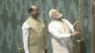 ‘Sengol’ being installed in new Parliament building by PM Narendra Modi in the presence of Lok Sabha Speaker Om Birla. (ANI) ‘Sengol’ being installed in new Parliament building by PM Narendra Modi in the presence of Lok Sabha Speaker Om Birla. (ANI)