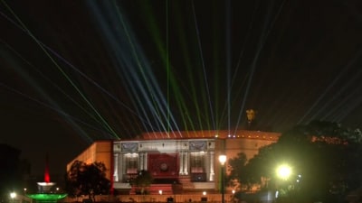 Light and laser show at the new Parliament buidling on Sunday evening. (ANI) Light and laser show at the new Parliament buidling on Sunday evening. (ANI)