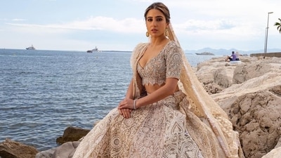 Sara Ali Khan wore a panelled lehenga for her Cannes debut. Sara Ali Khan wore a panelled lehenga for her Cannes debut.
