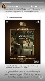 Alia Bhatt penned a note after IFFA win. Alia Bhatt penned a note after IFFA win.
