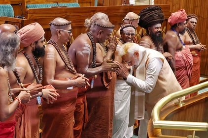 Prime Minister Narendra Modi gesturing to priests during the inauguration ceremony of the new parliament building in New Delhi. (PIB) Prime Minister Narendra Modi gesturing to priests during the inauguration ceremony of the new parliament building in New Delhi. (PIB)