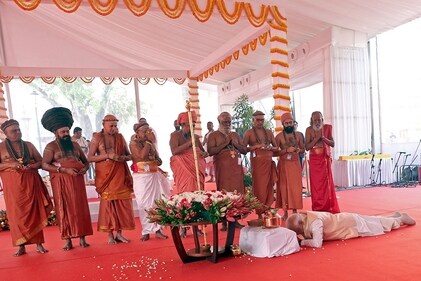 Flanked by priests, Prime Minister Narendra Modi inaugurated a new Indian parliament on May 28 in a ceremony steeped in religious symbolism but boycotted by opposition parties. (PIB) Flanked by priests, Prime Minister Narendra Modi inaugurated a new Indian parliament on May 28 in a ceremony steeped in religious symbolism but boycotted by opposition parties. (PIB)