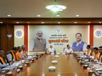 PM Modi with BJP National President JP Nadda and others dignitaries during 'Mukhyamantri Parishad' meeting, at BJP headquarters. PM Modi with BJP National President JP Nadda and others dignitaries during 'Mukhyamantri Parishad' meeting, at BJP headquarters.