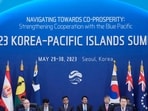 South Korea's President Yoon Suk Yeol, second right, speaks as Pacific Islands Forum (PIF) chair and Prime Minister of Cook Islands, Mark Stephen Brown, second left, listens during the Korea-Pacific Islands Summit. South Korea's President Yoon Suk Yeol, second right, speaks as Pacific Islands Forum (PIF) chair and Prime Minister of Cook Islands, Mark Stephen Brown, second left, listens during the Korea-Pacific Islands Summit.