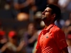 Serbia's Novak Djokovic celebrates winning his first round match against Aleksandar Kovacevic of the U.S. 