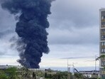 Smoke rises from a building following a drone attack.