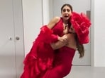 Sara Ali Khan reacts as Rakhi Sawant lifts her in new video.