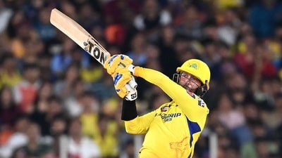 Chennai Super Kings' Devon Conway plays a shot during the Indian Premier League (IPL) Twenty20 final cricket match between Gujarat Titans and Chennai Super Kings at the Narendra Modi Stadium in Ahmedabad on May 30, 2023. (Photo by Sajjad HUSSAIN / AFP) (AFP)