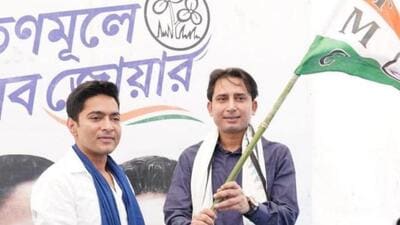 Congress MLA from Sagardighi assembly seat Bayron Biswas joined the TMC at an event chaired by Abhishek Banerjee in West Midnapore district’s Ghatal area (Twitter/aitcRajabar) Congress MLA from Sagardighi assembly seat Bayron Biswas joined the TMC at an event chaired by Abhishek Banerjee in West Midnapore district’s Ghatal area (Twitter/aitcRajabar)