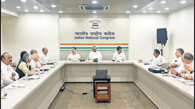 Congress president Mallikarjun Kharge and senior leaders Rahul Gandhi and KC Venugopal at the AICC headquarters. (ANI) Congress president Mallikarjun Kharge and senior leaders Rahul Gandhi and KC Venugopal at the AICC headquarters. (ANI)