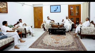 Congress president Mallikarjun Kharge with Rajasthan Chief Minister Ashok Gehlot and party leaders Rahul Gandhi, KC Venugopal, and Sachin Pilot, in New Delhi on Monday. (AICC) Congress president Mallikarjun Kharge with Rajasthan Chief Minister Ashok Gehlot and party leaders Rahul Gandhi, KC Venugopal, and Sachin Pilot, in New Delhi on Monday. (AICC)
