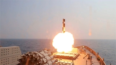 BrahMos precision strike missile succesfully launched by Ship by the Indian Navy, in the Arabian Sea, on March 5, 2023. (PTI Photo) (PTI) BrahMos precision strike missile succesfully launched by Ship by the Indian Navy, in the Arabian Sea, on March 5, 2023. (PTI Photo) (PTI)