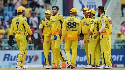 CSK's M Theekshana with teammates celebrates the wicket of LSG batter Krunal Pandya (PTI) CSK's M Theekshana with teammates celebrates the wicket of LSG batter Krunal Pandya (PTI)