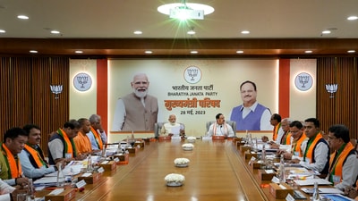 PM Modi with BJP National President JP Nadda and others dignitaries during 'Mukhyamantri Parishad' meeting, at BJP headquarters. (PTI) PM Modi with BJP National President JP Nadda and others dignitaries during 'Mukhyamantri Parishad' meeting, at BJP headquarters. (PTI)