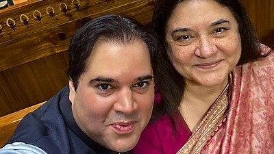 BJP MPs Maneka Gandhi and Varun Gandhi during inauguration ceremony of the new Parliament building in New Delhi. (PTI) BJP MPs Maneka Gandhi and Varun Gandhi during inauguration ceremony of the new Parliament building in New Delhi. (PTI)