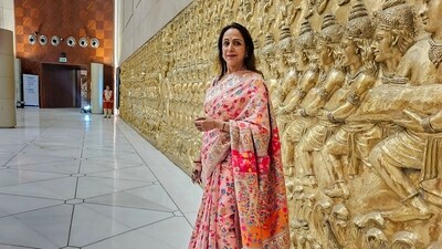 BJP MP Hema Malini poses for a picture at the new Parliament building. (PTI) BJP MP Hema Malini poses for a picture at the new Parliament building. (PTI)
