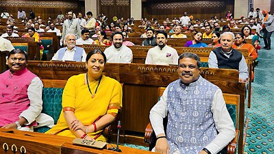 Union ministers Dharmendra Pradhan, Smriti Irani and other dignitaries during inauguration ceremony of the new Parliament building. (PTI) Union ministers Dharmendra Pradhan, Smriti Irani and other dignitaries during inauguration ceremony of the new Parliament building. (PTI)