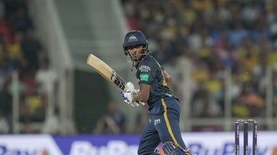 Ahmedabad: Gujarat Titans batter Sai Sudharsan plays a shot during the IPL 2023 cricket match between Gujarat Titans and Chennai Super Kings, at the Narendra Modi Stadium in Ahmedabad, Monday, May 29, 2023. (PTI Photo/Kunal Patil)(PTI05_29_2023_000276A) (PTI)