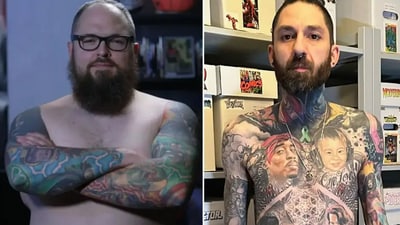 Marvel superfans Rick Scolamiero and Ryan Logsdon have jointly set a Guinness World Record, each with 34 MCU character tattoos. (Guinness World Record) Marvel superfans Rick Scolamiero and Ryan Logsdon have jointly set a Guinness World Record, each with 34 MCU character tattoos. (Guinness World Record)