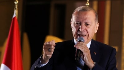 Turkish President Tayyip Erdogan addresses his supporters following his victory in the second round of the presidential election at the Presidential Palace in Ankara, Turkey May 29, 2023. (REUTERS)