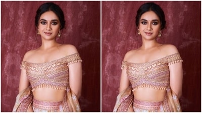 Assisted by makeup artist Vishal Charan, Keerthy decked up in nude eyeshadow, black eyeliner, black kohl, mascara-laden eyelashes, contoured cheeks and a shade of nude lipstick.&nbsp; (Instagram/@keerthysureshofficial)