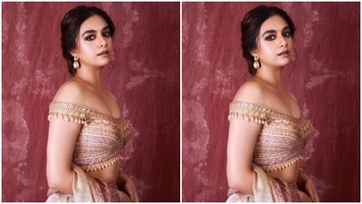 Keerthy played muse to fashion designer Tarun Tahiliani and picked the pastel multicoloured lehenga from the shelves of the designer.&nbsp; (Instagram/@keerthysureshofficial)