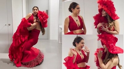 Sara Ali Khan reacts as Rakhi Sawant lifts her in new video. Sara Ali Khan reacts as Rakhi Sawant lifts her in new video.