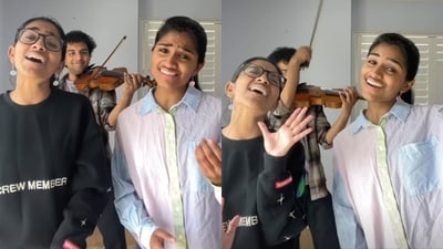 The image, taken from the viral video, features twins and a musician creating a mashup of People and Nainowale Ne. (Instagram/@kiranandnivi) The image, taken from the viral video, features twins and a musician creating a mashup of People and Nainowale Ne. (Instagram/@kiranandnivi)
